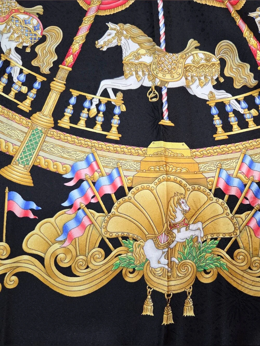 Hermes MINT Luna Park Silk Scarf 90cm/ 35" Black Carousel Horses Gold Pink Blue - Picture 12 of 17